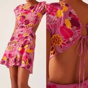 NEW Anthro Maeve Embroidered Beaded Floral Cutout Backless Mini Dress Pink